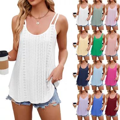 Buy 2024 Womens Strappy Camisole T Shirts Blouse Tops Sleeveless Tank Vest Plus Size • 1.19£