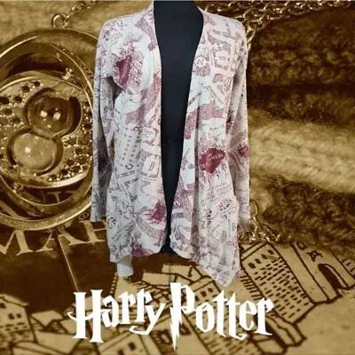 Buy Harry Potter Marauder's Map Flyaway Open Front Cardigan Sweater Grey/Maroon S • 30.24£