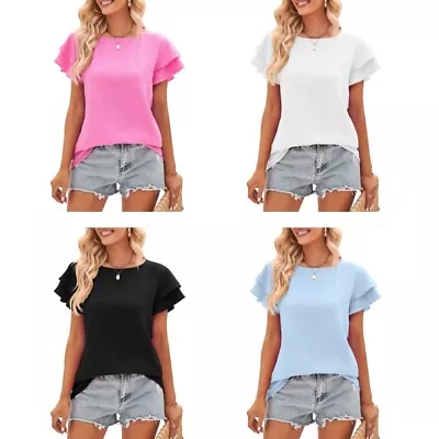 Buy Womens T Shirts Ruffle Short Sleeve Solid Color Double Layers Sleeve Loose • 10.67£