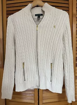 Buy EUC! Lauren Ralph Lauren Women's White Gold Cable Knit Full Zip Sweater Size L • 31.14£