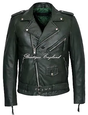 Buy BRANDO Mens Jackets Green Slim Fit Rock Biker Real Leather Jacket SRMBF • 87.81£