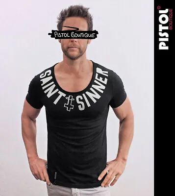 Buy Pistol Boutique Men's Fitted Black Round Scoop Neck SAINT SINNER CROSS T-shirt • 26.99£