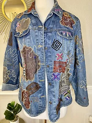 Buy WOMEN'S CHICOS EMBROIDERED JEAN JACKET ~ XL/16 Sz. 3 Art To Wear Lace Denim • 39.68£