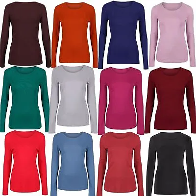 Buy Womens Ladies Long Sleeve Stretch Plain Scoop Neck T Shirt Top Assorted 8-26 • 6.29£