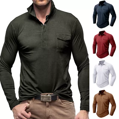 Buy Mens Sport T Shirts Lapel Neck Business Polo Shirt Casual Long Sleeve Tee Tops • 13.99£