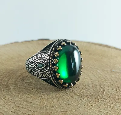 Buy 925 Sterling Silver Handmade Men's Ring With Oval Shape Green Emerald Stone • 60.72£