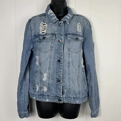 Buy Ci Sono Women Jean Denim Trucker Jacket XL Heavily Factory Distressed Blue • 28.41£