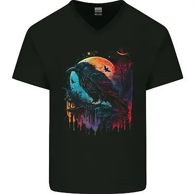 Buy A Crow With A Fantasy Moon Mens V-Neck Cotton T-Shirt • 9.99£