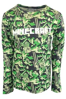 Buy Boys Geniune Minecraft Creeper Green All Over Print Long Sleeved Cotton T-Shirts • 6.99£
