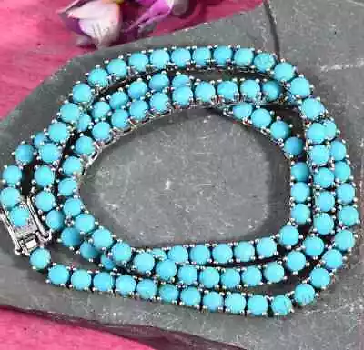 Buy Sleeping Beauty Turquoise Tennis Necklace 36 Ct Round Lab Created In Silver-4mm • 277.47£