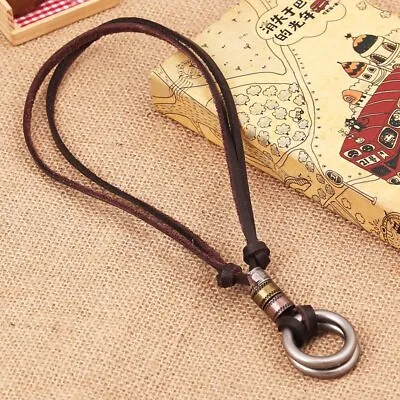 Buy Men's Double Rings Long Chain Pendant Leather Necklace Beach Retro Jewelry Gift • 3.60£