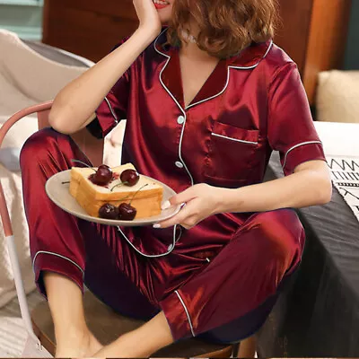 Buy Womens Satin Short Sleeve Pyjamas Nightwear PJs Set Ladies Silk Soft Pajamas • 10.89£