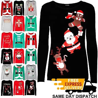 Buy New Womens Christmas Reindeer Gingerbread Santa Ladies Long Sleeve T Shirt Top • 6.29£
