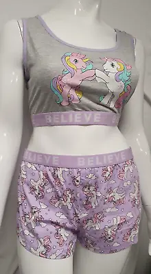 Buy Primark's I Believe Quoted Little Pony Unicorn Crop Vest & Shorts PJ Pyjamas Set • 9.97£