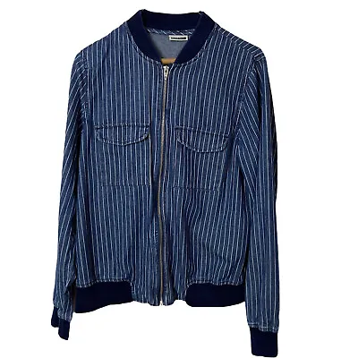 Buy Noisy May Pin Striped Denim Bomber Jacket Womens L Blue White 100% Cotton • 36.84£