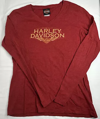 Buy Harley Davidson Shirt Womens Large L Red Long Sleeve Rhinestone V Neck Fargo, ND • 15.44£