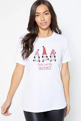 Buy Christmas Gonk Tshirt Ladies Rollin With My Gnomies Glitter UK Size 16/18 9800 • 8.99£