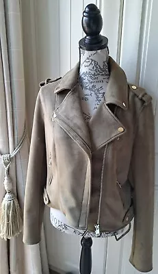 Buy Ladies Olive Green Faux Suede Biker Jacket -Size 14 Vgc • 14.99£