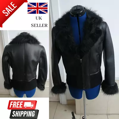 Buy Girls Stylish PU Black Women Jacket Faux Fur Collar Ladies Blazer Top Size 10 UK • 23.99£