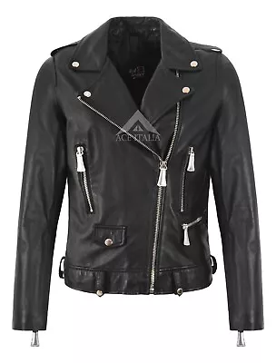 Buy Women's Brando Lambskin Leather Jacket Black Motorbike Fitted Biker Style Jacket • 47.99£