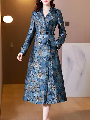Buy Fashion Womens Jacquard Windbreaker Coat Mid Length Double Breasted Jacket Sz • 104.47£