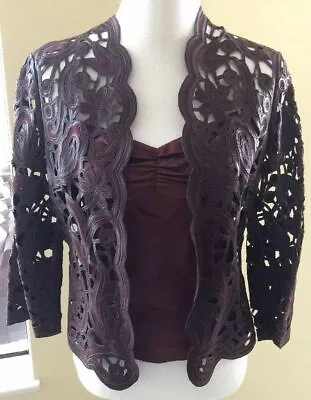Buy The Wrights Laser Cut Leather Jacket W. Matching Silk Shell Top Wine Color Sz 8 • 875.80£