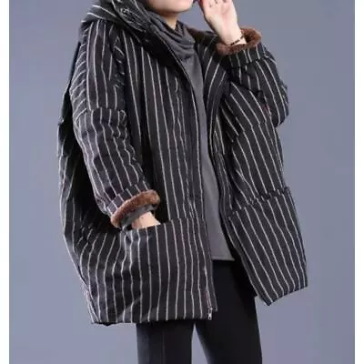 Buy Women's Oversized Hooded Sherpa Lined Linen Blend Parka Black Striped • 23.43£
