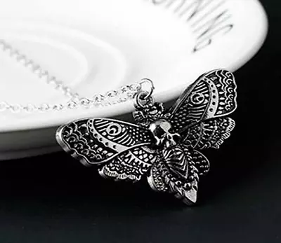Buy Moth Necklace, Large Death Skull , Silver Chain Pendant Wasp Gothic Emo Jewelry • 4.69£