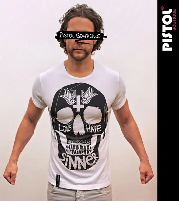 Buy Pistol Boutique Men's Fitted White Crew Neck SINNER LOVE HATE SKULL T-shirt • 22.49£