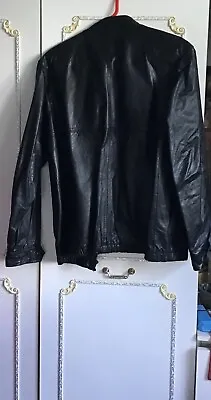 Buy Black Leather Bomber Jacket Front Zip Side Pockets Press Stud Cuff Lined Medium • 45£