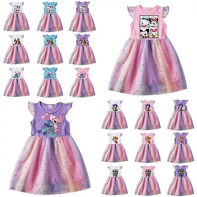 Buy Kids Girls Cartoon Characters Rainbow Mesh Dress Princess T-Shirt Tutu Dress UK • 10.99£
