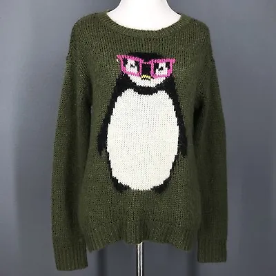 Buy Christmas Sweater S Juniors Green Nerdy Penguin Print Winter REWIND Womens • 14.20£