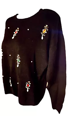 Buy “VICTORIA JONES” PM BLACK BEADED JEWELED Christmas Pullover VTG HOLIDAY SWEATER • 7.08£
