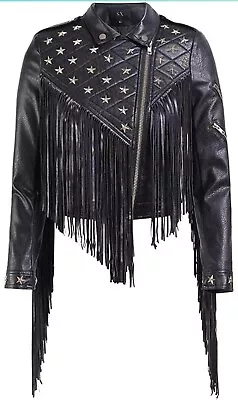Buy EJ Women Short Biker Leather Jacket Star Shaped Studs & Long Fringes Street Wear • 109.99£