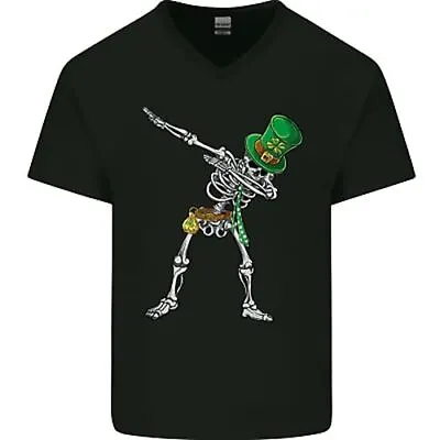 Buy St Patricks Day Dabbing Skeleton Skull Mens V-Neck Cotton T-Shirt • 11.99£