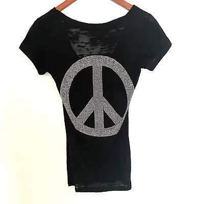 Buy E.VIL Rhinestone Peace Sign Top Size Small Black Burnout Short Sleeve Sheer • 18.25£