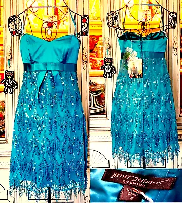 Buy Vintage Betsey Johnson Evening 90s Y2K Blue Mesh Layered Sequin Fringe Dress S • 144.10£