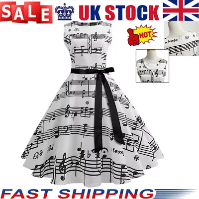 Buy Women Sleeveless Music Note Swing Dress Lace Up Casual Rockabilly Sundress NEW • 6.99£