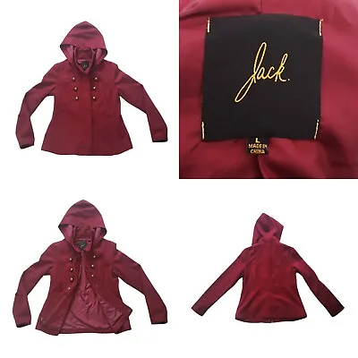 Buy Jack. Pea Coat Hooded Burgundy Full Zip Button Front Wool Blend Stylish Jacket L • 33.74£