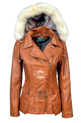 Buy Ladies Fur HOODED Fashion Leather Jacket TAN Biker Style 100% REAL LEATHER 2812 • 149.68£