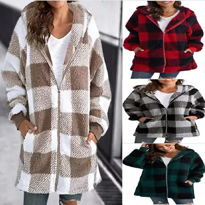 Buy Ladies Fleece Teddy Bear Check Coat Overcoat Zip Hooded Jacket Jumper Plus Size • 12.49£