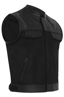 Buy Mens Cordura Fabric Club Denim Motorcycle Vest Genuine Leather Cut Off Waistcoat • 39.95£