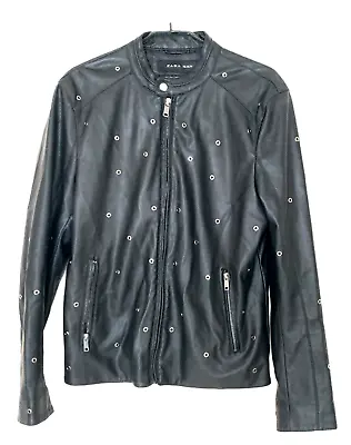 Buy Zara Black Faux Leather Jacket Size EUR/L USA/L Biker Style Hoop Studded Unique • 24.99£