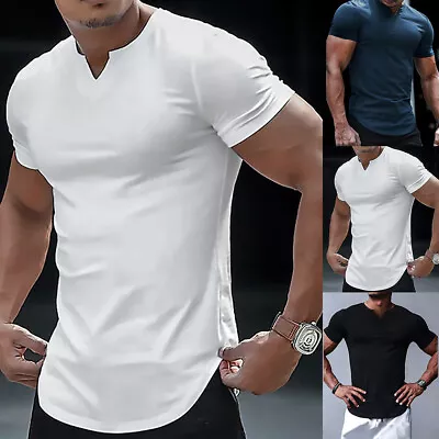 Buy Mens V-Neck Casual Basic T-Shirt Tops Short Sleeve Slim Fit Golf Muscle Blouse • 9.69£