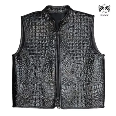 Buy New Men's Black Crocodile Embossed Leather Concealed Biker Fashion Vest • 122.39£