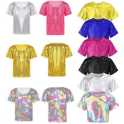 Buy Kids Top Boys Girls Short Sleeves Sparkly Metallic Shiny Sequins Loose T-Shirt • 10.89£