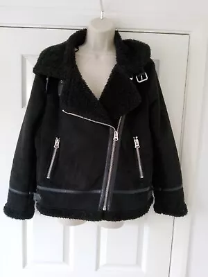 Buy Zara-Womens Stylish Faux Leather Aviator Shearling-Lined Jacket/Size:Large/Used • 3.99£