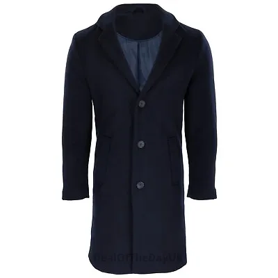 Buy Mens Wool Overcoat Long Winter Coat Trench Crombie Jacket 38 40 42 44 46 48 Navy • 24.95£