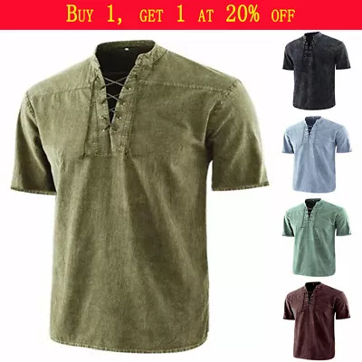 Buy Mens Retro V Neck T Shirt Lace Up Blouse Casual Short Sleeve Plain Shirts Tops • 11.69£