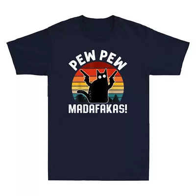 Buy Black Cat Pew Pew Madafakas! Funny Meme Vintage Retro Men's Short Sleeve T-Shirt • 14.99£